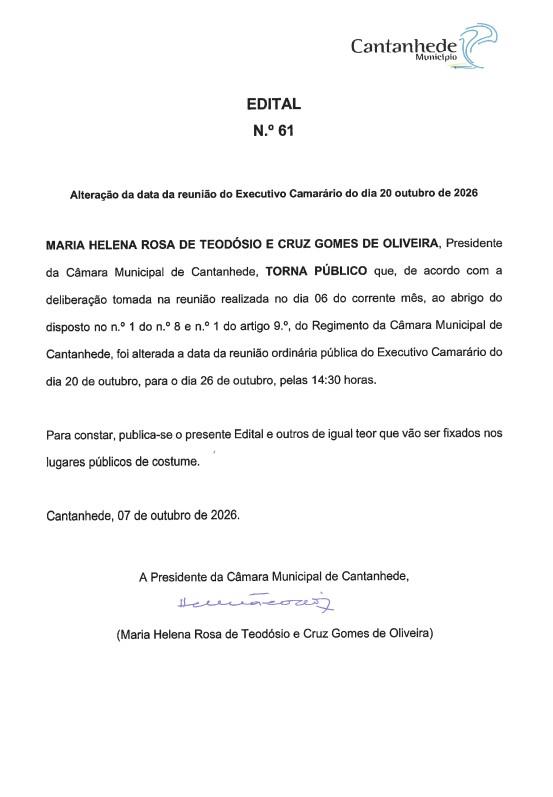 Edital 61/2026 - Alteração de data de Reunião de Câmara